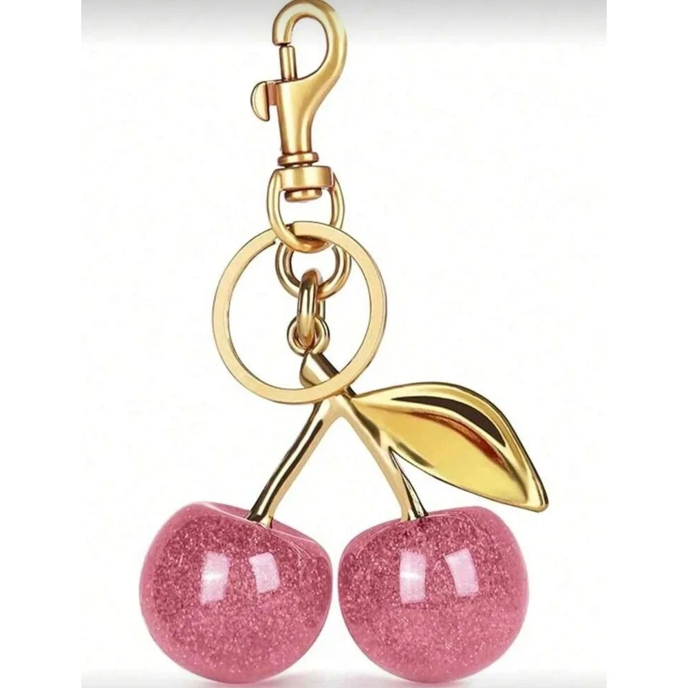 Pink Glitter Cherry‎ Bag Charm Keychain Gold Tone Resin Fruit Pendant Accessory